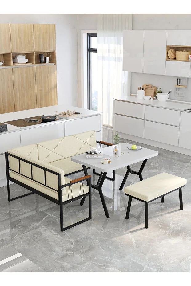 Src 70x110cm Beyaz Masalı, Köşe Takımı, Mutfak, Balkon Köşe Takımı, Mutfak Masası Takımı - Krem